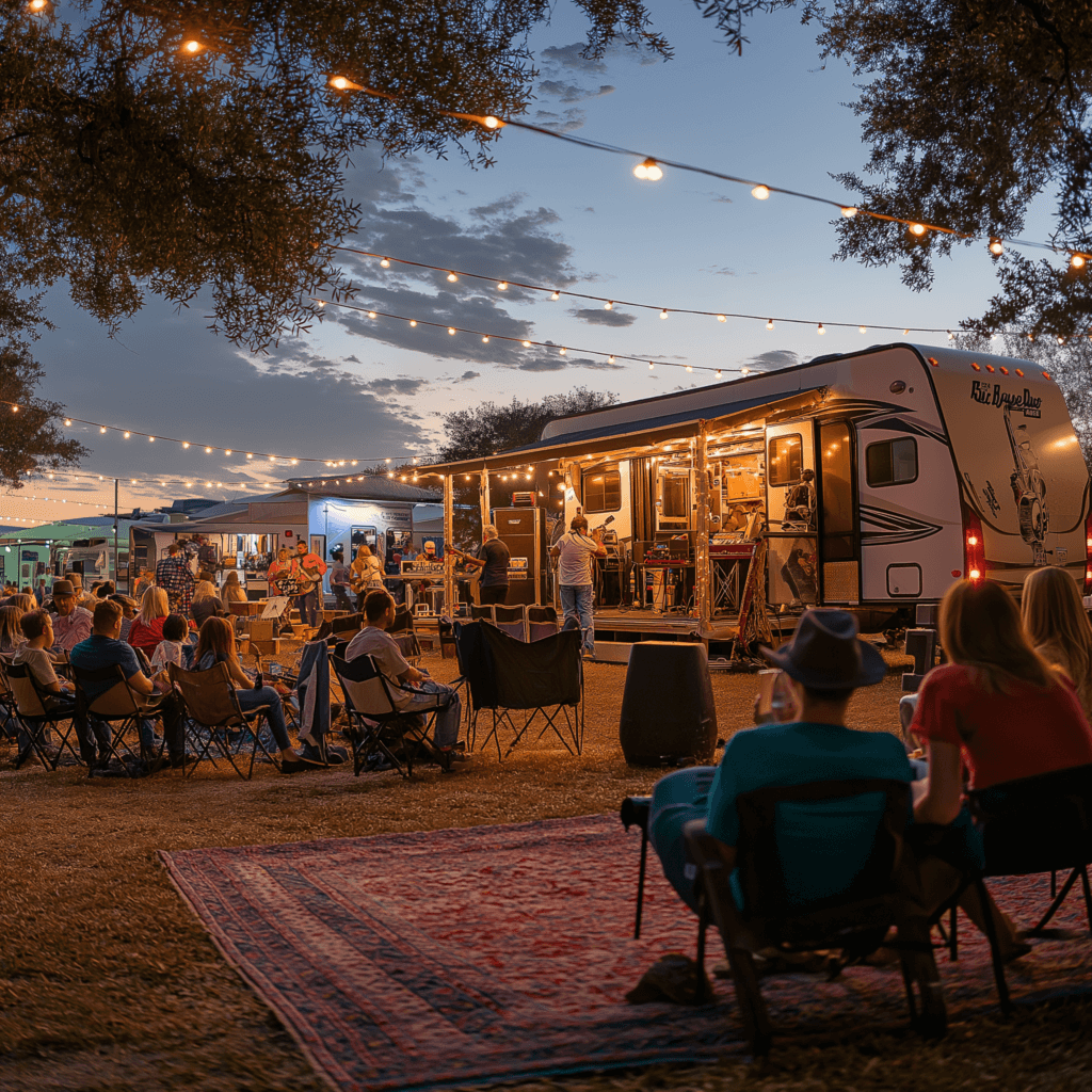 a vibrant, engaging image that captures the excitement of live music and events near Central Texas RV parks, showcasing the blend of outdoor adventure and local entertainment in the Texas Hill Country