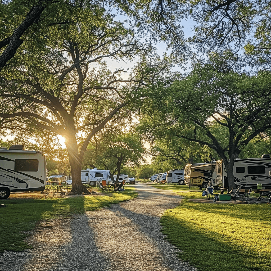 vibrant and engaging image that captures the essence of a short, activity-packed stay at a Central Texas RV park, blending natural beauty, recreational activities, and the welcoming features of the park itself. RV Park Setting: Depict a well-maintained RV park in Central Texas with spacious RV sites under the shade of large oak or pecan trees, typical of the region. Show RVs neatly parked, with cozy setups like camp chairs, picnic tables, and a small grill or campfire nearby. Add some families or couples enjoying their time outdoors, emphasizing the park’s inviting and communal atmosphere.